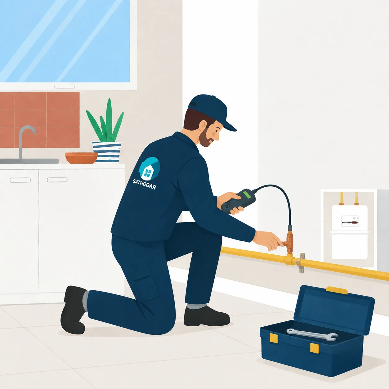 Técnico autorizado SATHOGAR resolviendo una urgencia de gas con detector electrónico